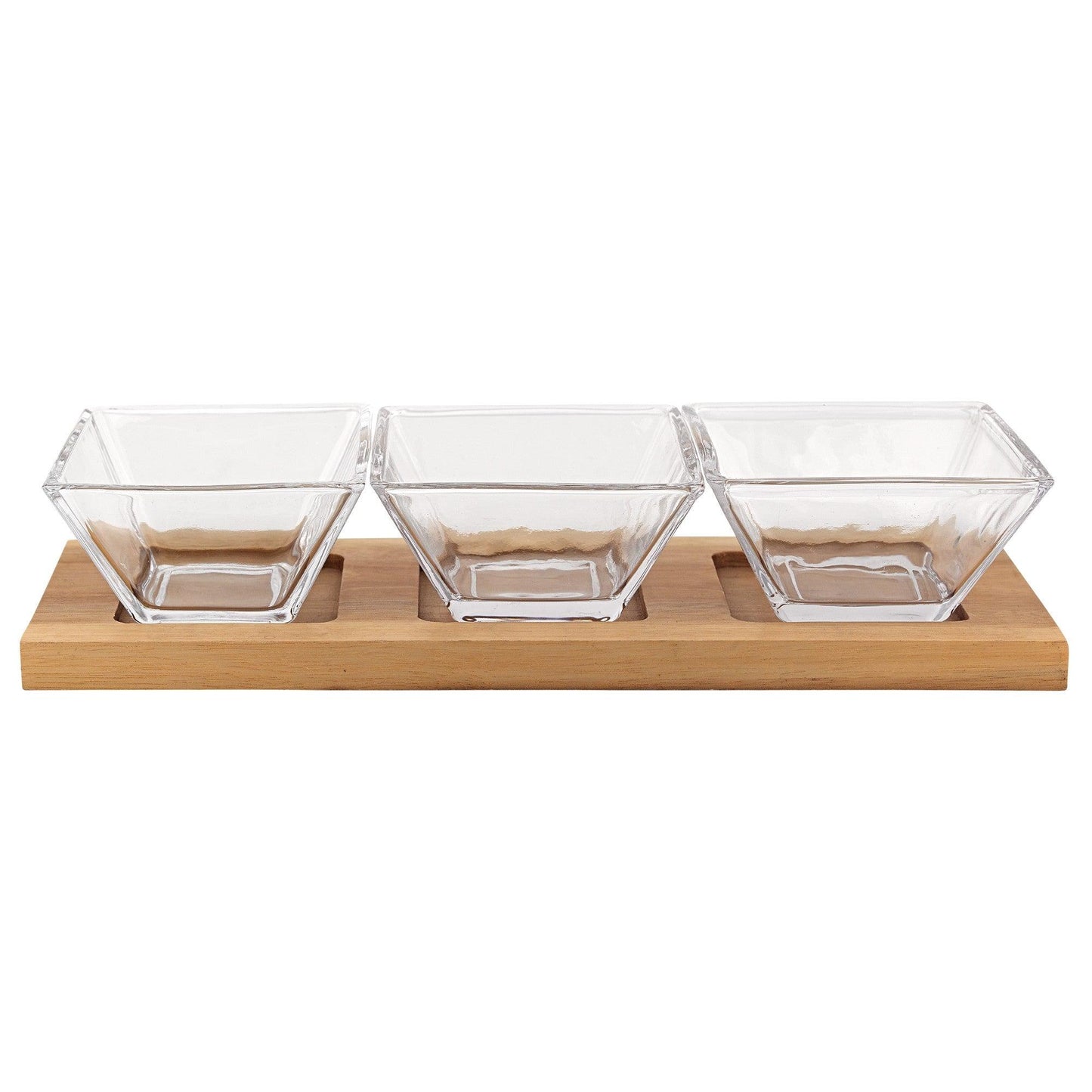 4 Mouth Blown Crystal Hostess Set 4 pc With 3 Glass Condiment or Dip Bowls on a Wood Tray - AFS