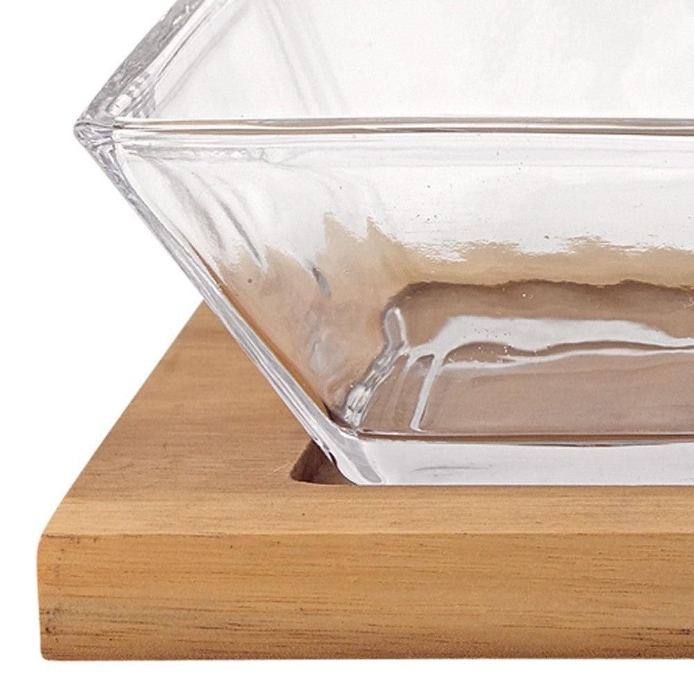 4 Mouth Blown Crystal Hostess Set 4 pc With 3 Glass Condiment or Dip Bowls on a Wood Tray - AFS