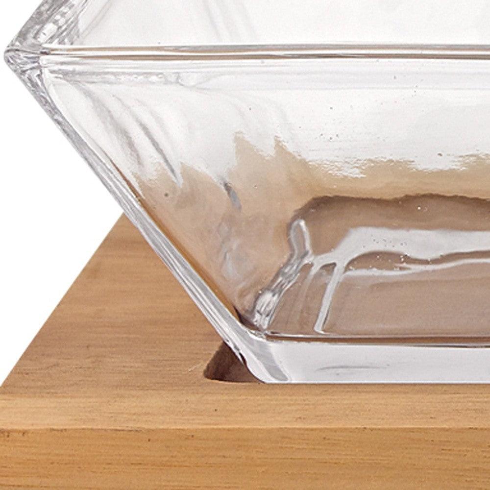4 Mouth Blown Crystal Hostess Set 4 pc With 3 Glass Condiment or Dip Bowls on a Wood Tray - AFS