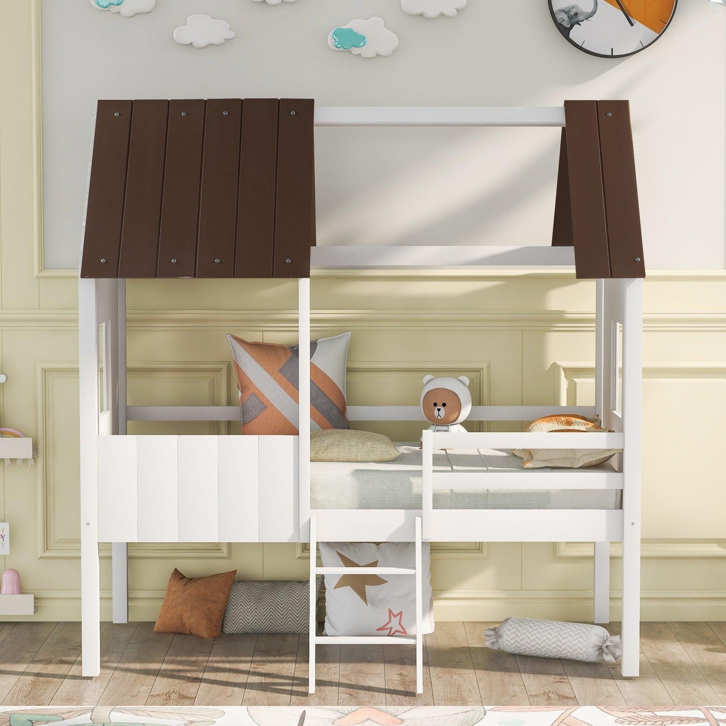Antique Gray and White Twin-Size Loft House Bed with Side Windows - AFS