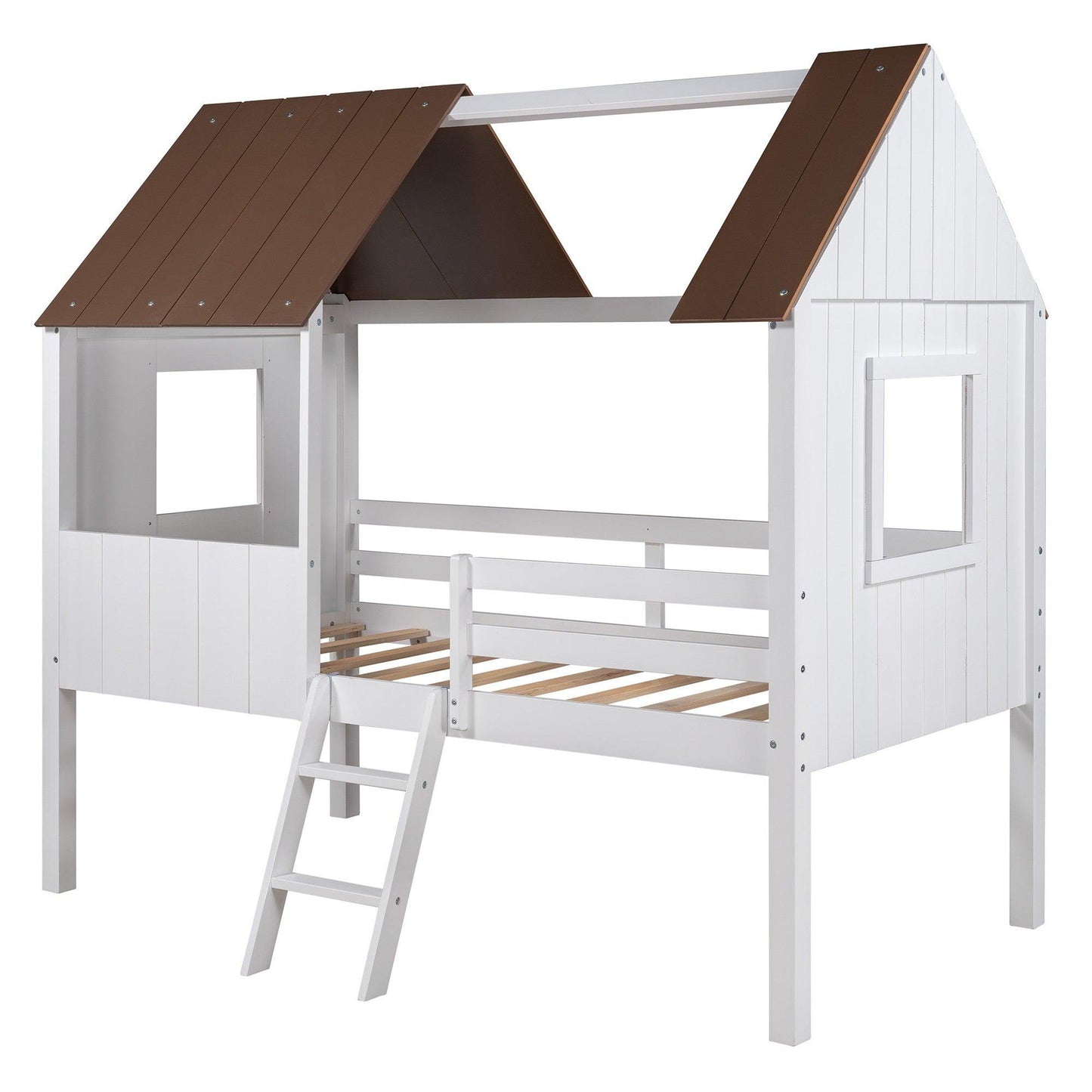 Antique Gray and White Twin-Size Loft House Bed with Side Windows - AFS