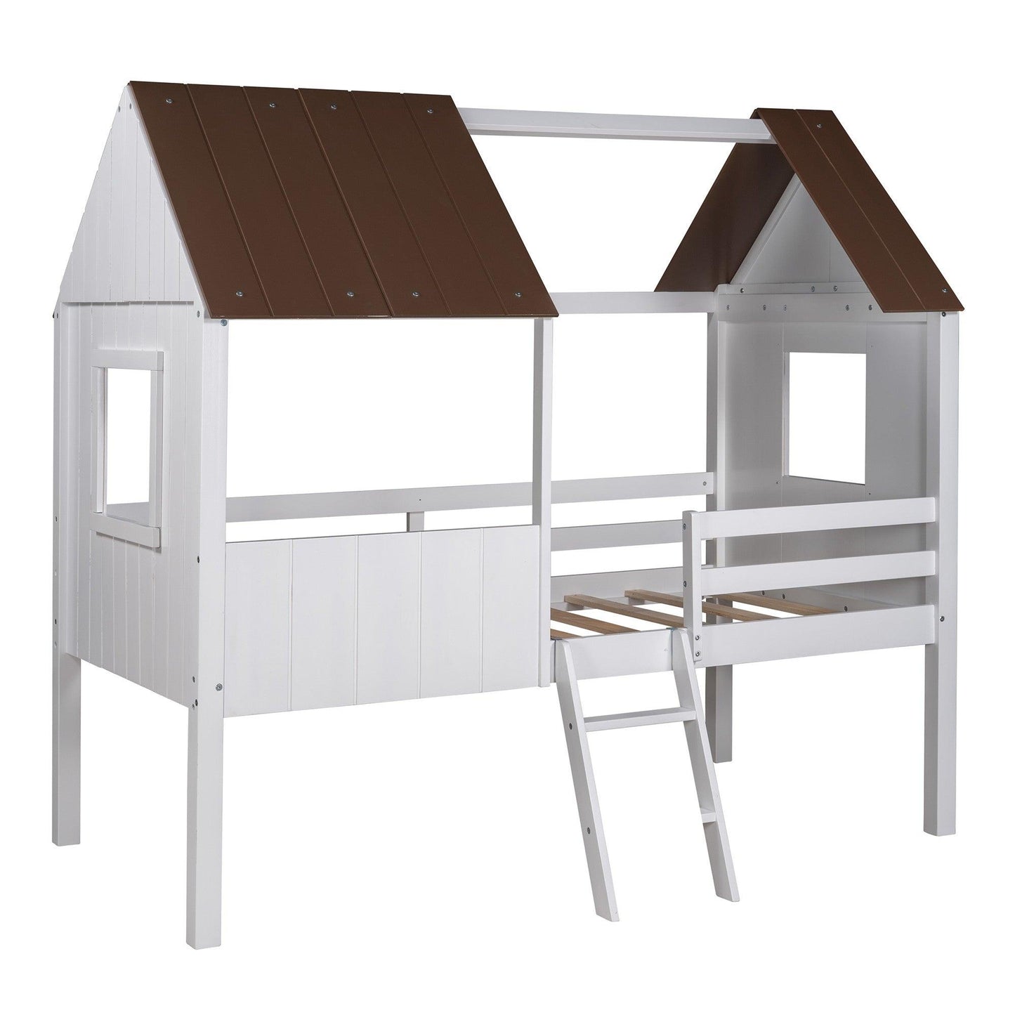 Antique Gray and White Twin-Size Loft House Bed with Side Windows - AFS