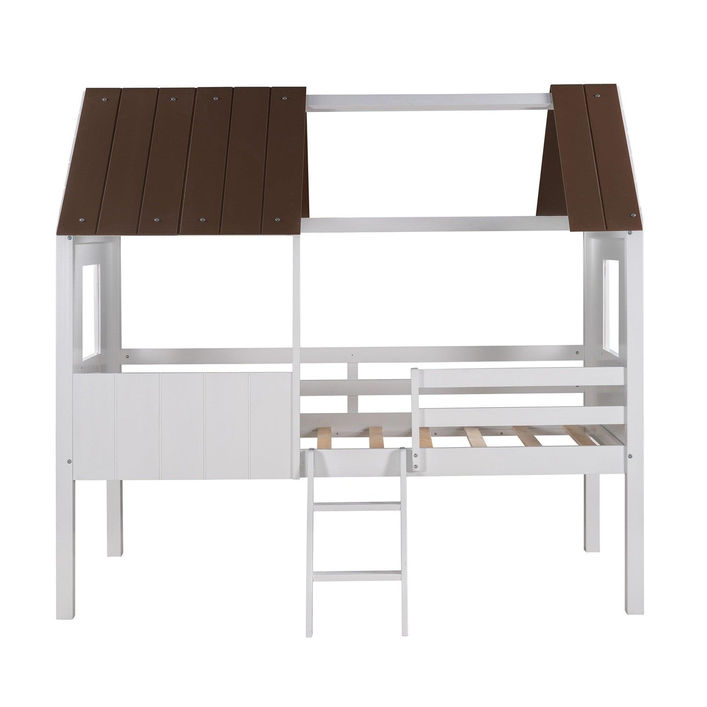 Antique Gray and White Twin-Size Loft House Bed with Side Windows - AFS