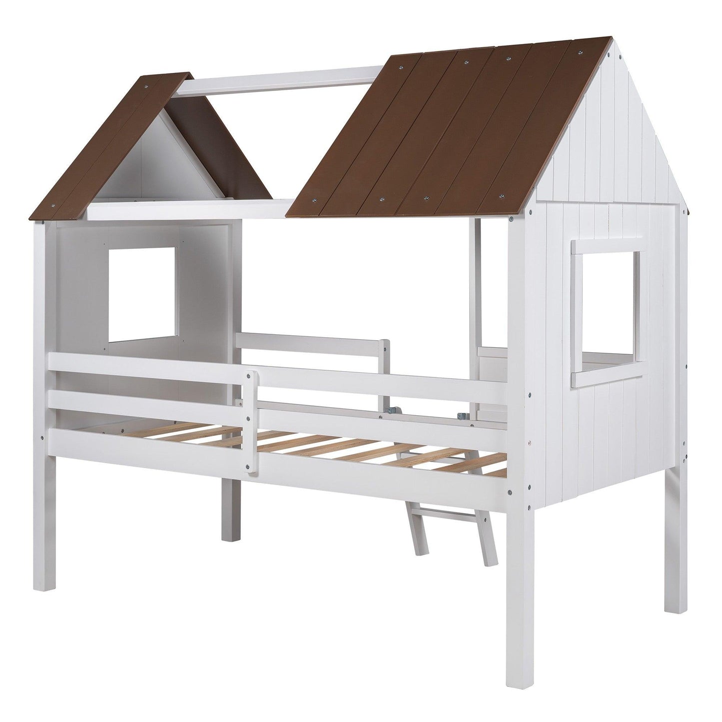 Antique Gray and White Twin-Size Loft House Bed with Side Windows - AFS