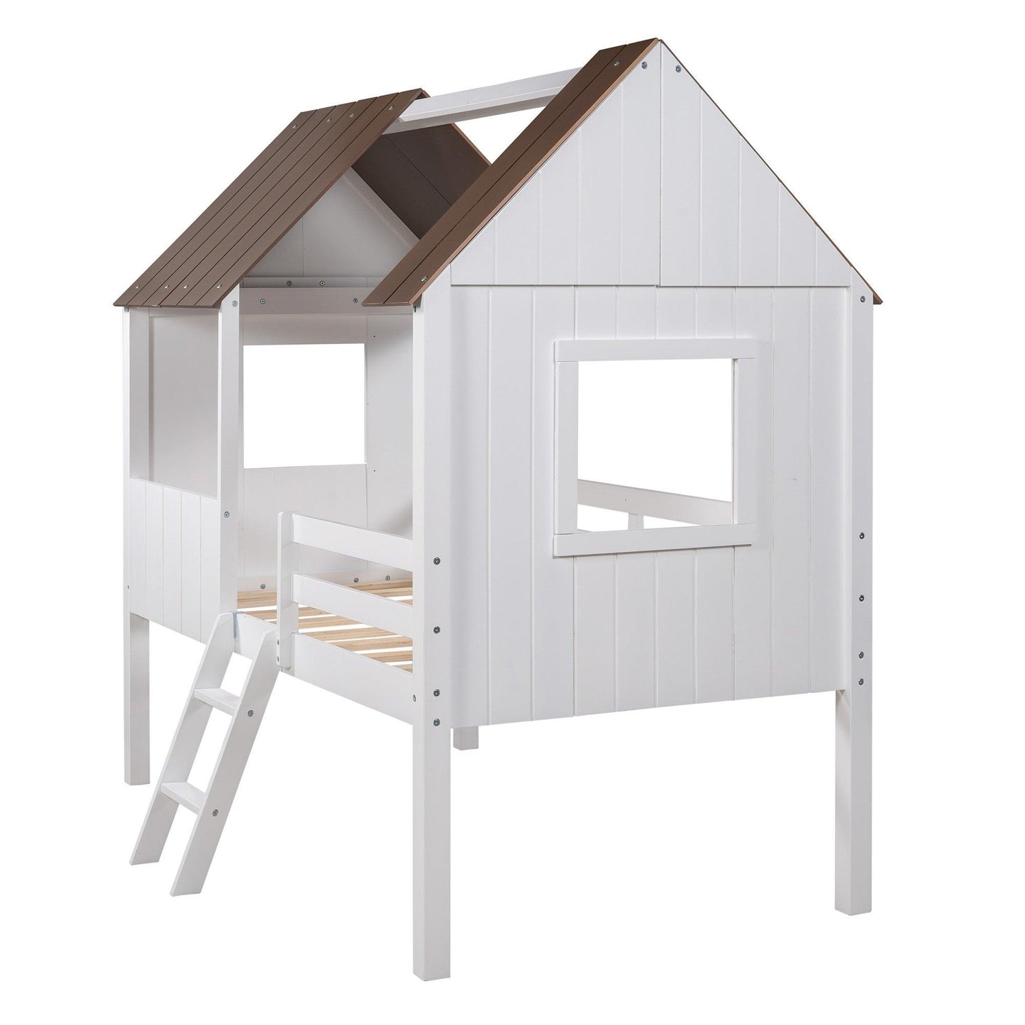 Antique Gray and White Twin-Size Loft House Bed with Side Windows - AFS