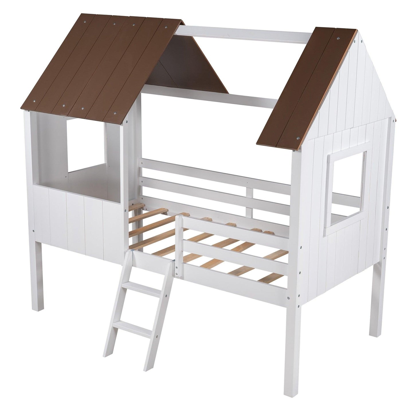 Antique Gray and White Twin-Size Loft House Bed with Side Windows - AFS