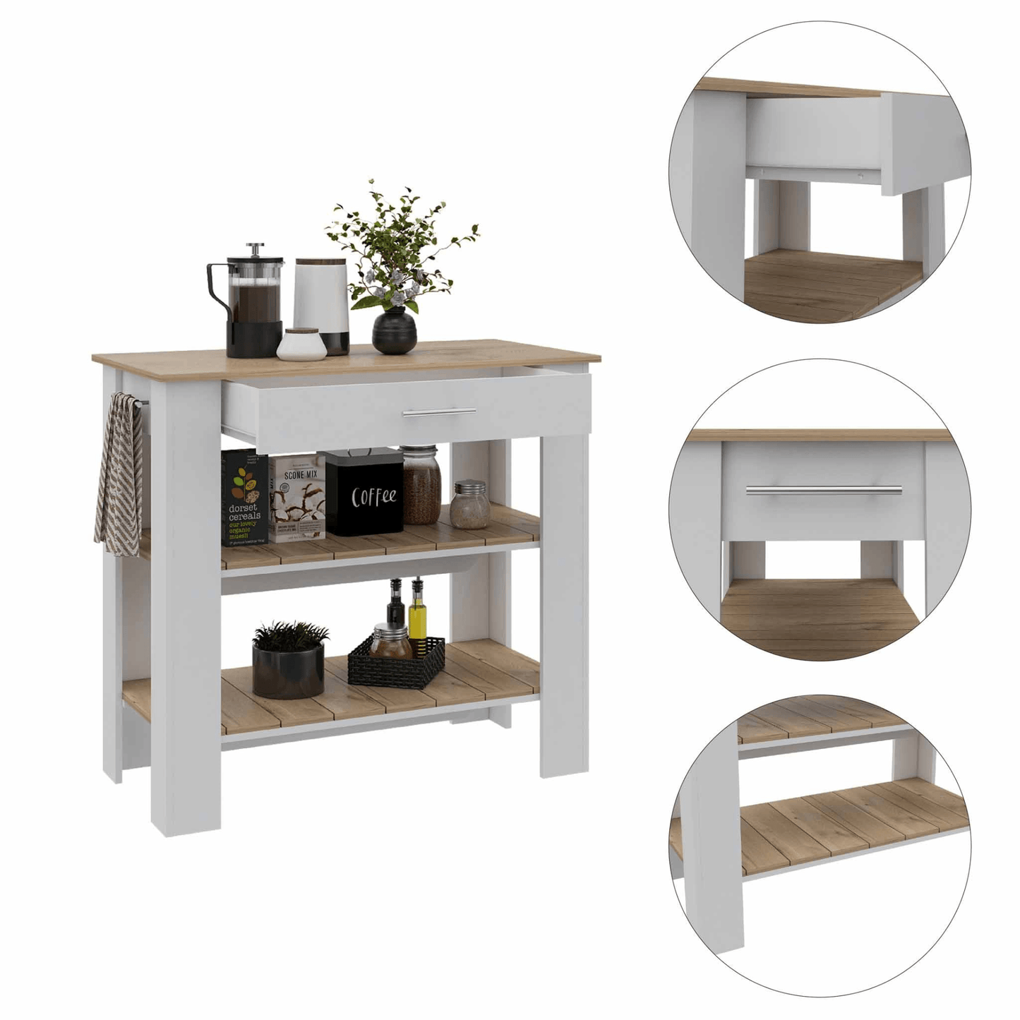 Cala Kitchen Island 40, Two Shelves, One Drawer, Four Legs - AFS