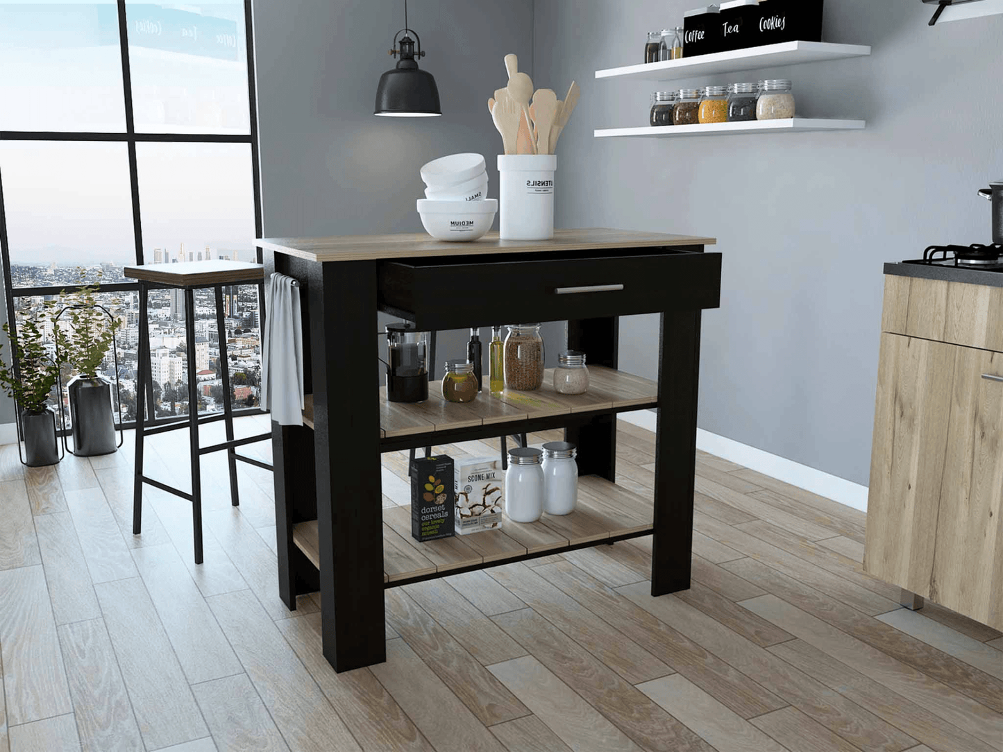 Cala Kitchen Island 40, Two Shelves, One Drawer, Four Legs - AFS