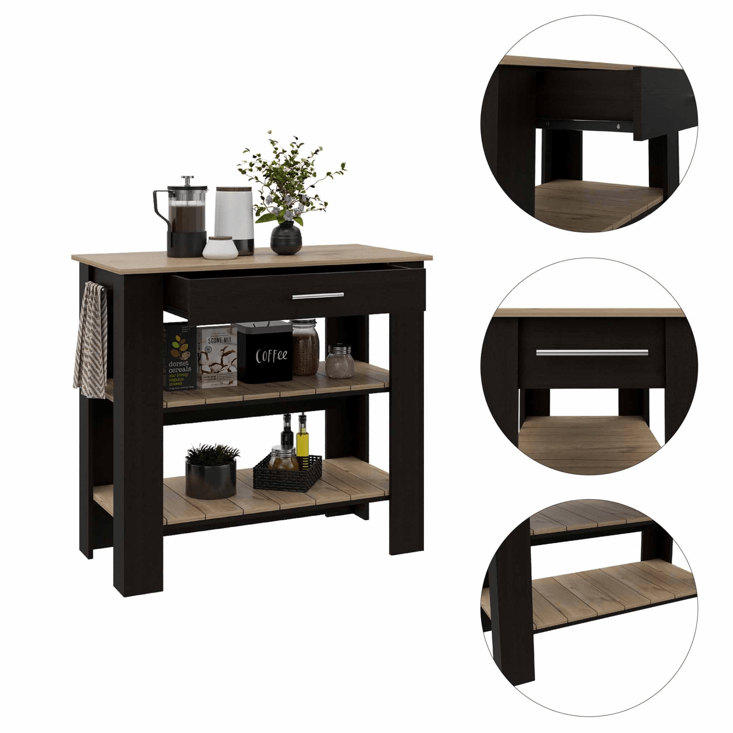 Cala Kitchen Island 40, Two Shelves, One Drawer, Four Legs - AFS