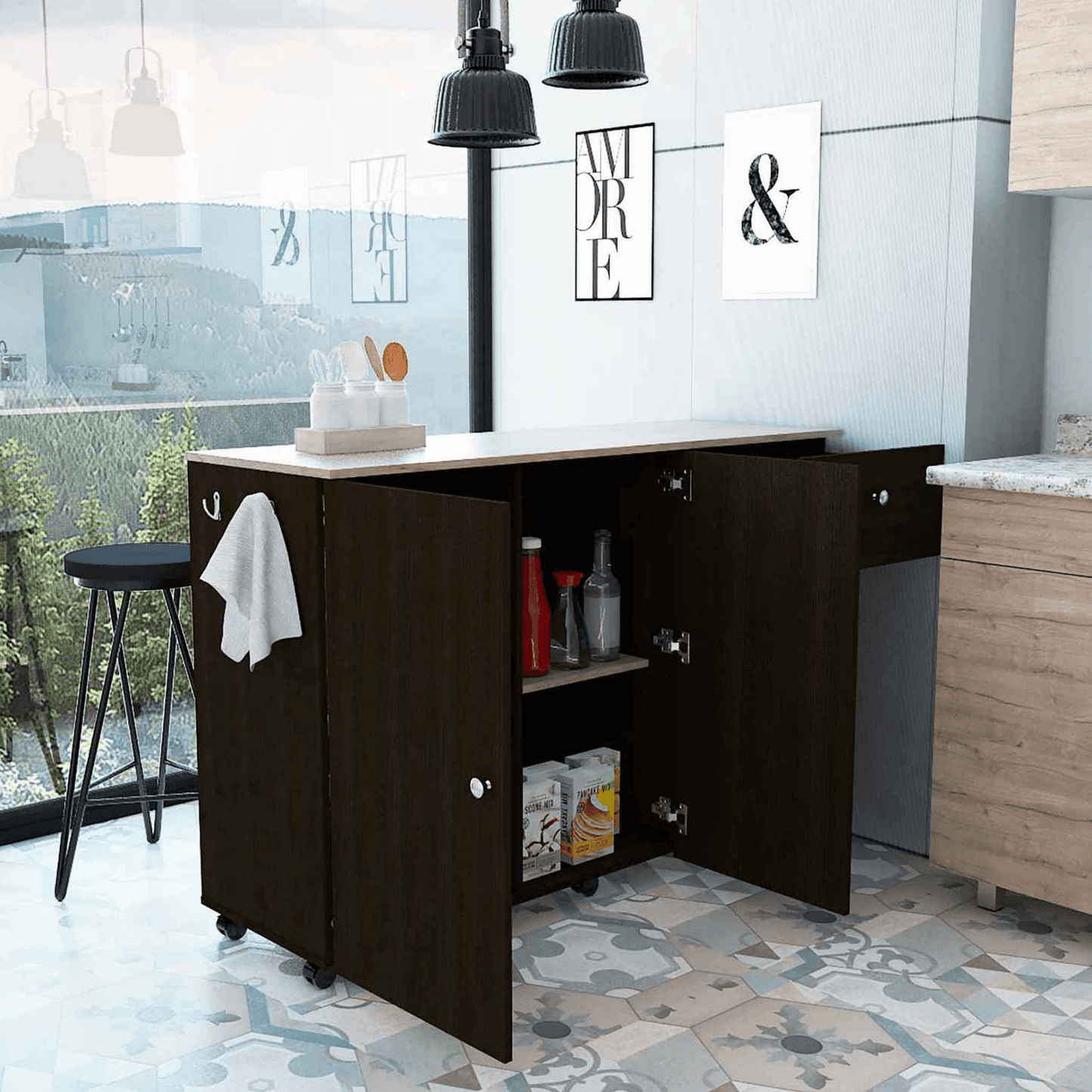 Kitchen Island Cart Victoria, Four Interior Shelves, Six Carters, One Drawer, Double Door Cabinet - AFS