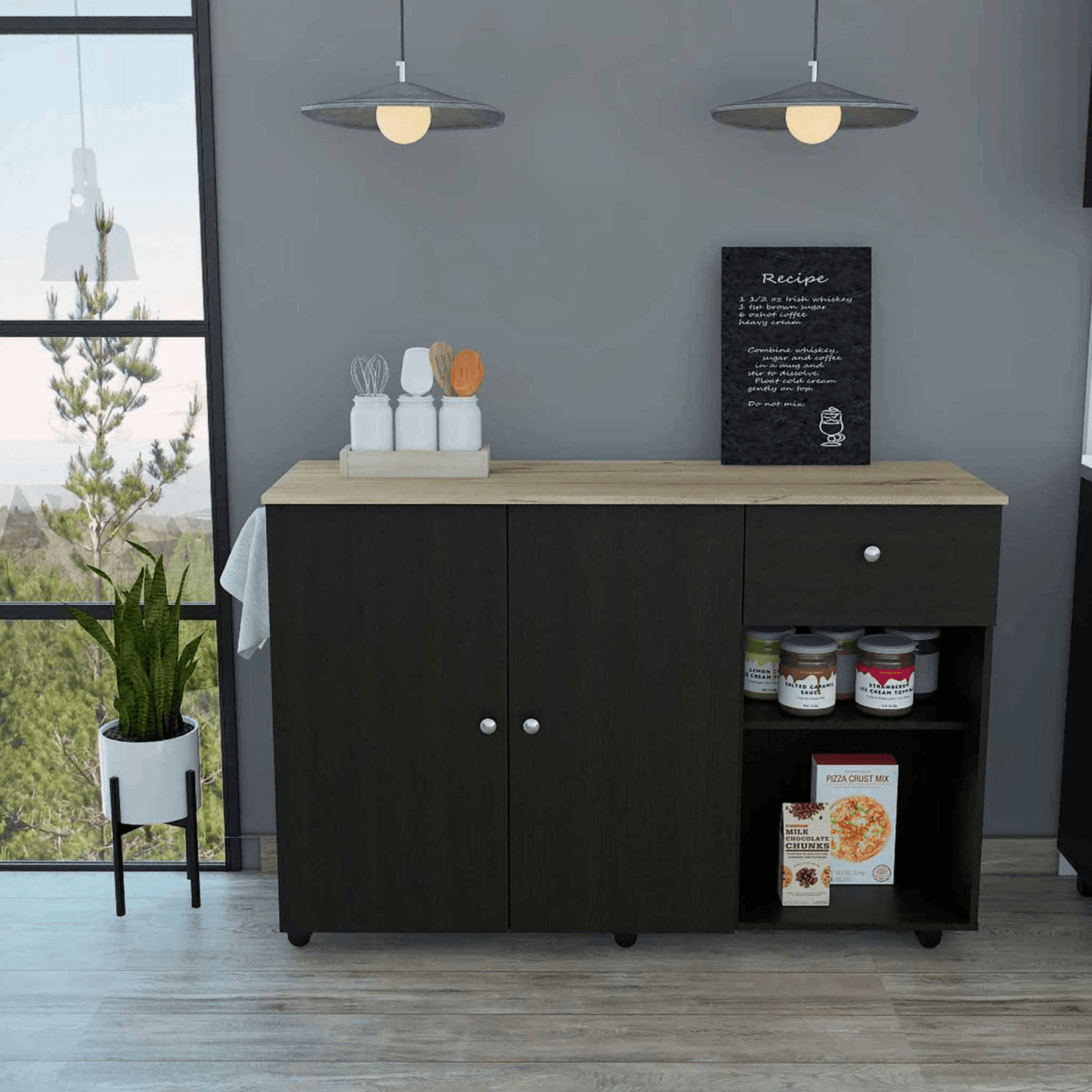 Kitchen Island Cart Victoria, Four Interior Shelves, Six Carters, One Drawer, Double Door Cabinet - AFS