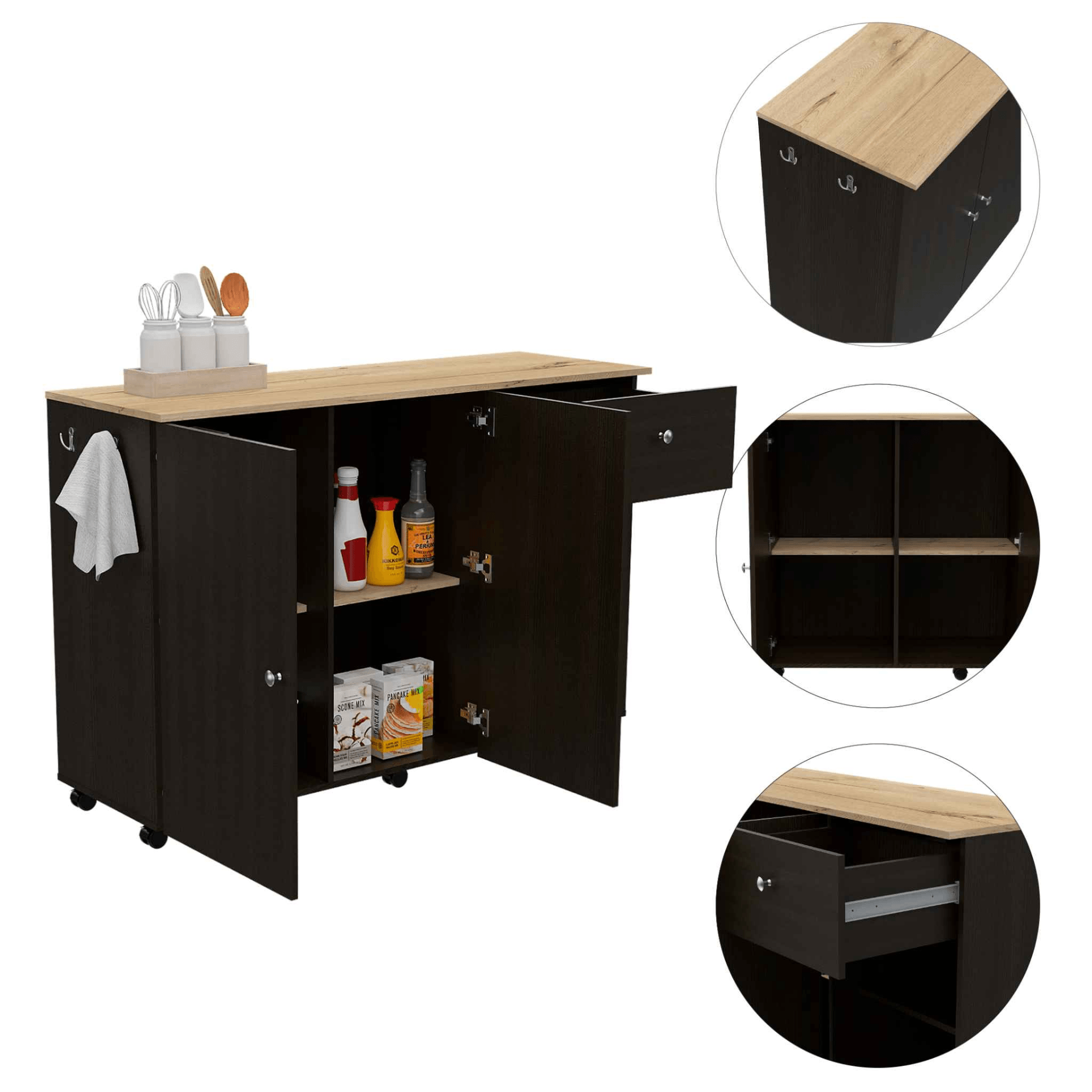 Kitchen Island Cart Victoria, Four Interior Shelves, Six Carters, One Drawer, Double Door Cabinet - AFS