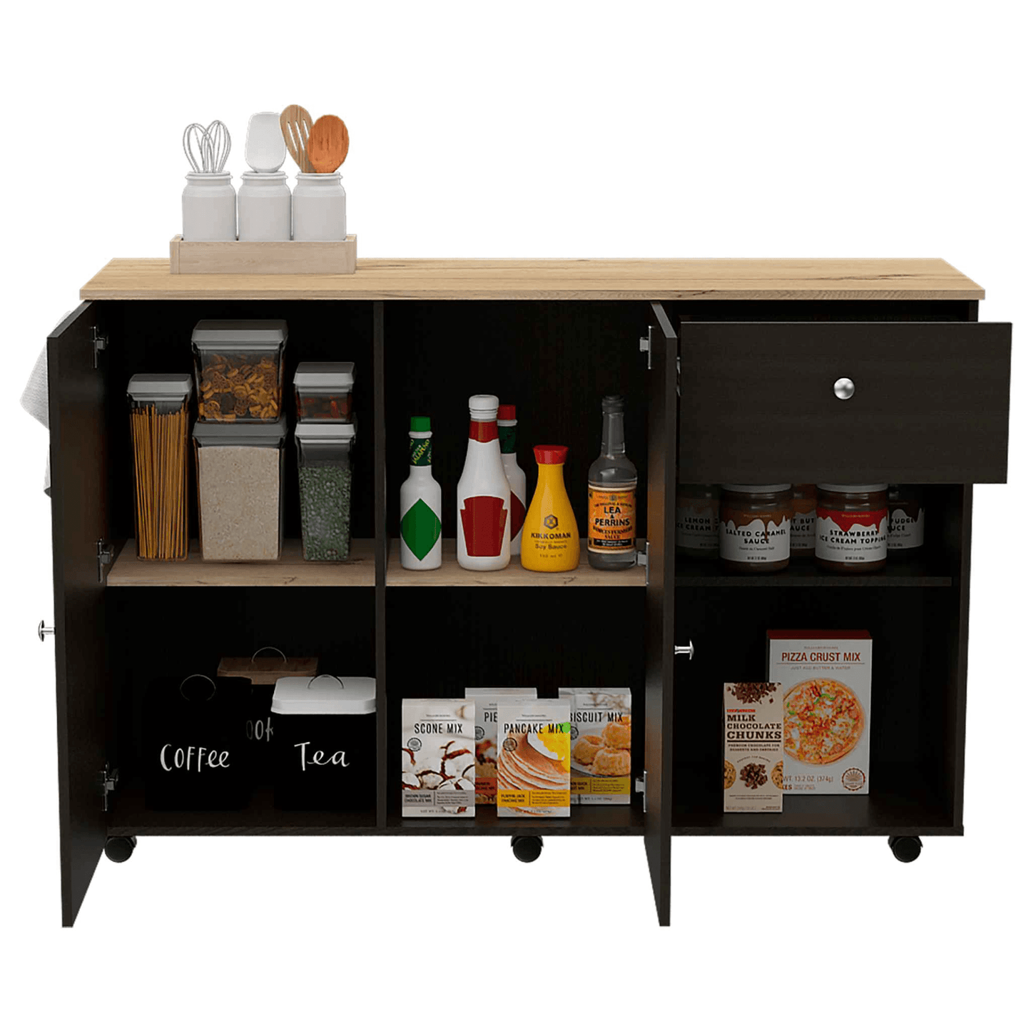 Kitchen Island Cart Victoria, Four Interior Shelves, Six Carters, One Drawer, Double Door Cabinet - AFS