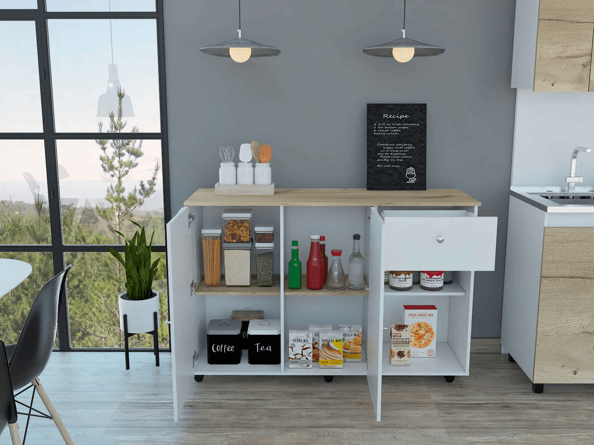 Kitchen Island Cart Victoria, Four Interior Shelves, Six Carters, One Drawer, Double Door Cabinet - AFS