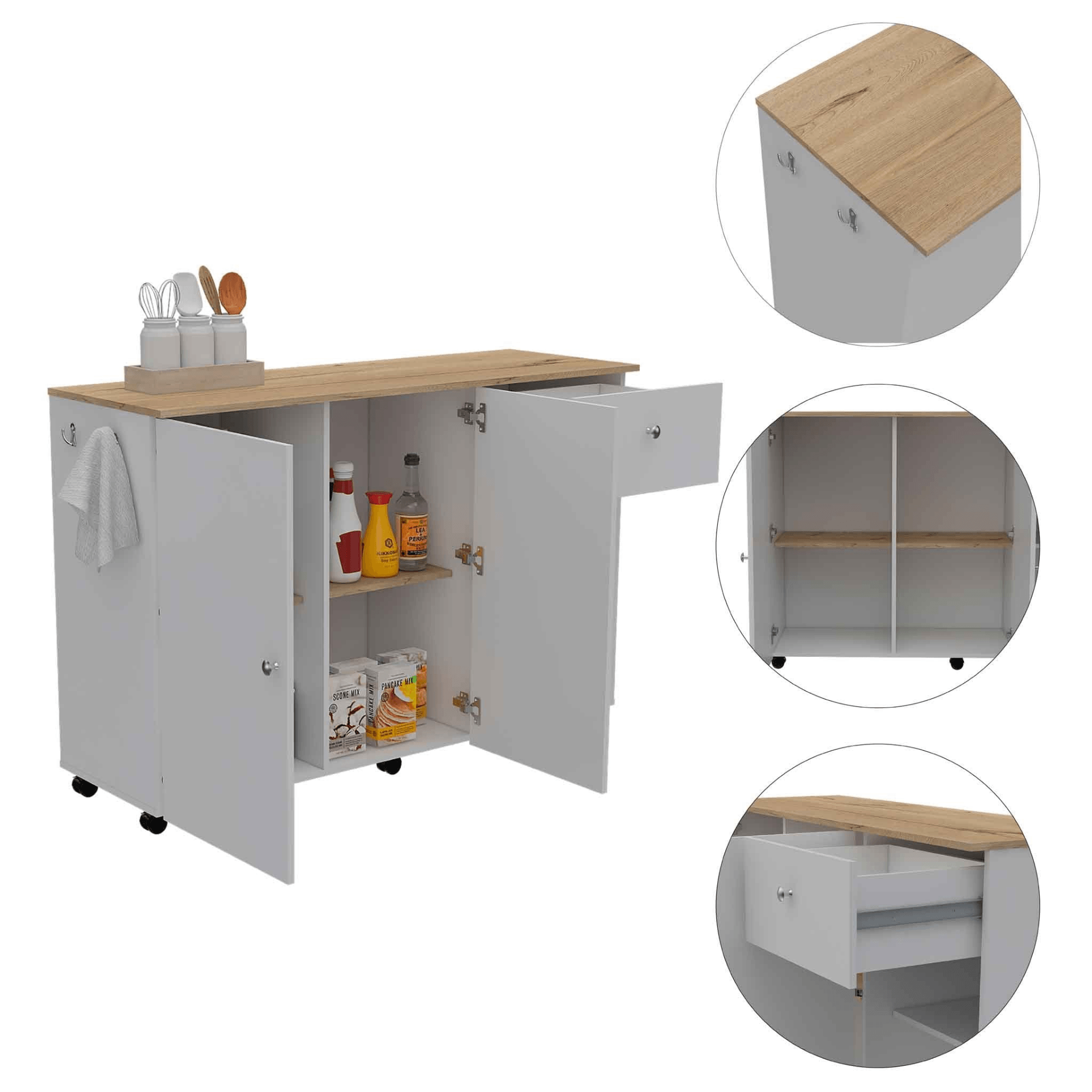 Kitchen Island Cart Victoria, Four Interior Shelves, Six Carters, One Drawer, Double Door Cabinet - AFS