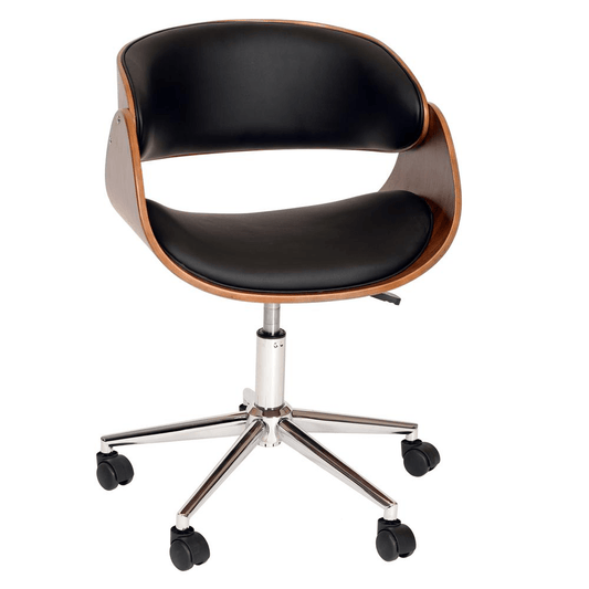 Armen Living Julian Modern Office Chair In Chrome Finish with Black Faux Leather And Walnut Veneer Back - AFS