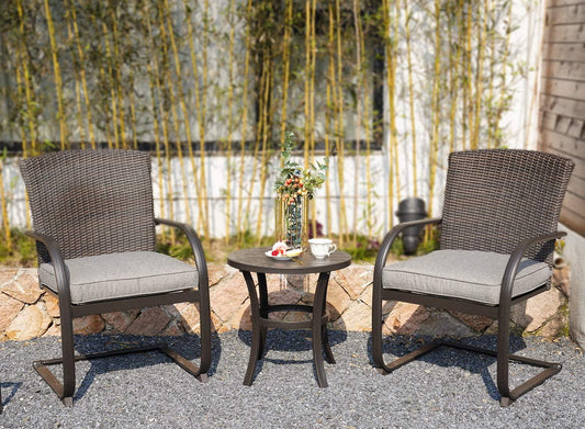 3 Piece Outdoor Patio Furniture Set Bistro Set 2 Wicker Chairs with Cushion and Coffee Table