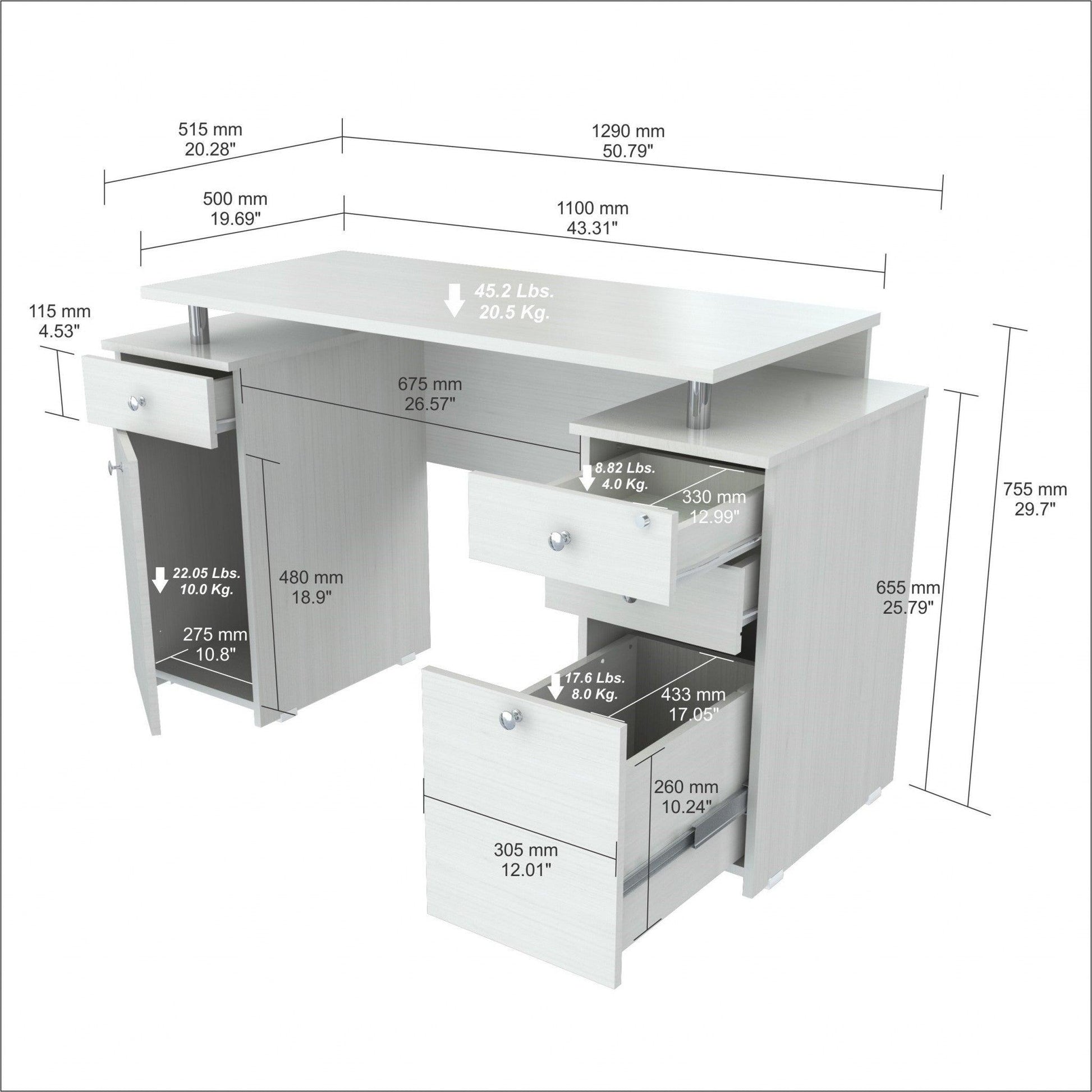 White Finish Wood Computer Desk with Four Drawers - AFS