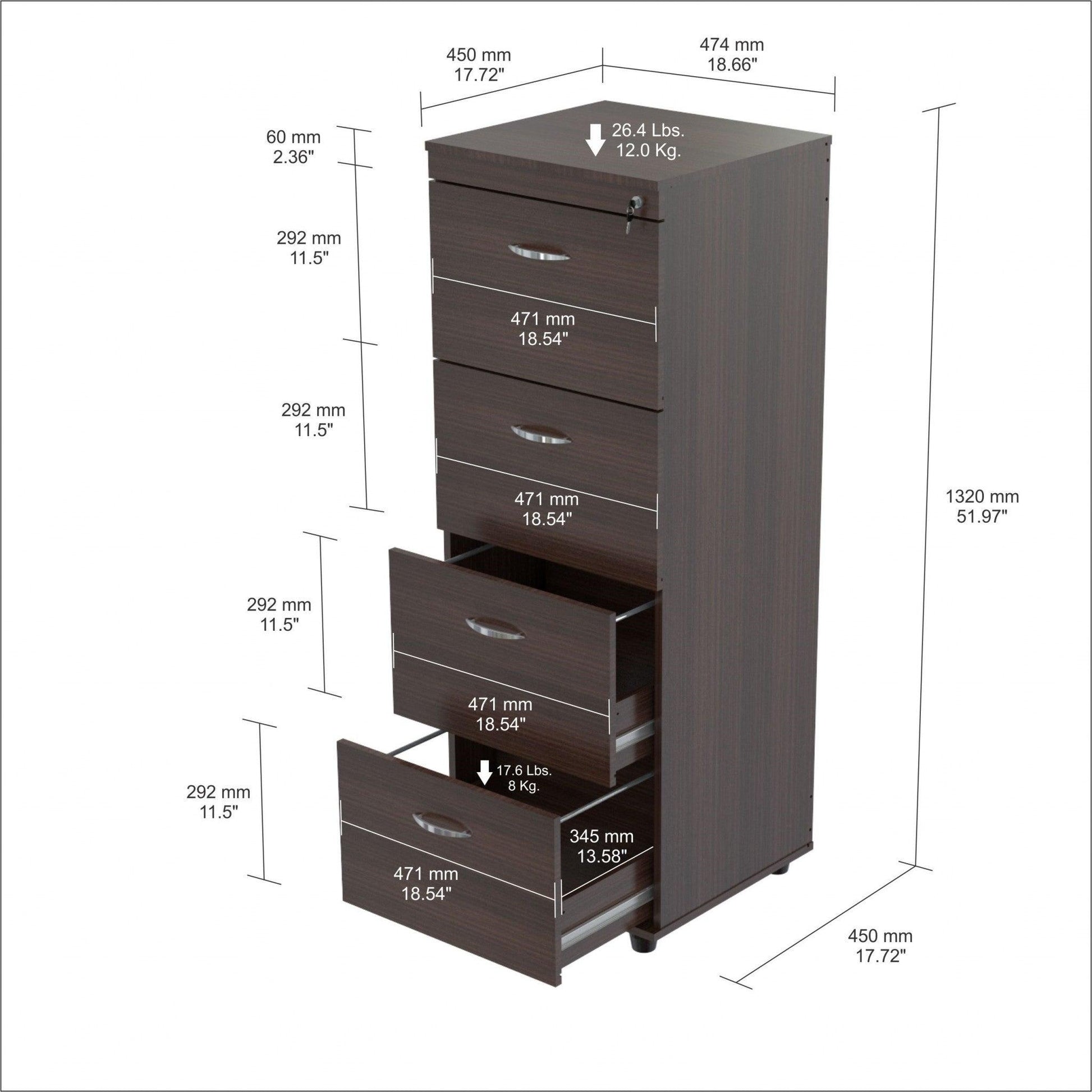 Espresso Wood Finish Four Large Drawer Filing Cabinet - AFS