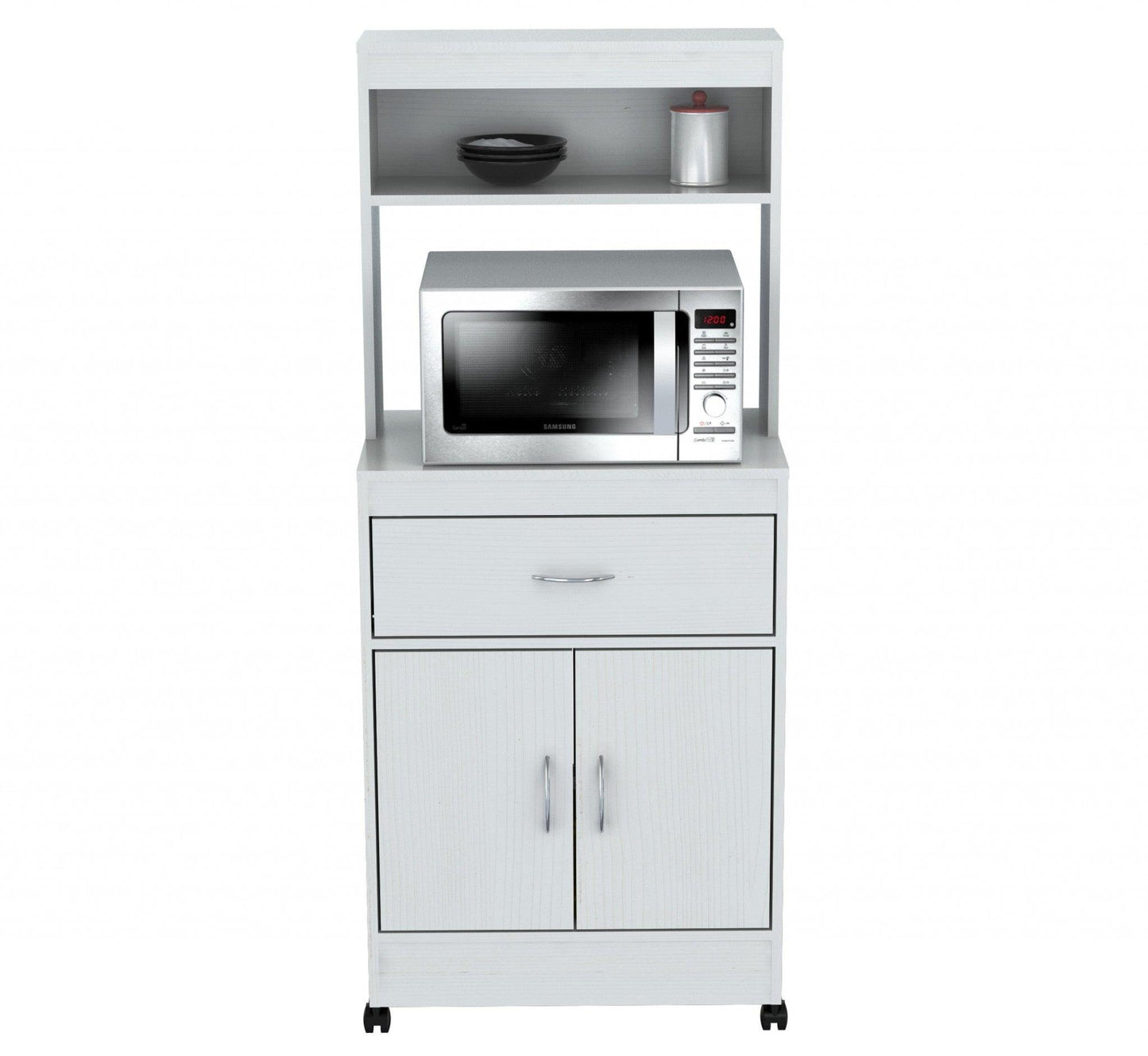 White Finish Wood Microwave Cabinet with Two Doors and Drawer - AFS