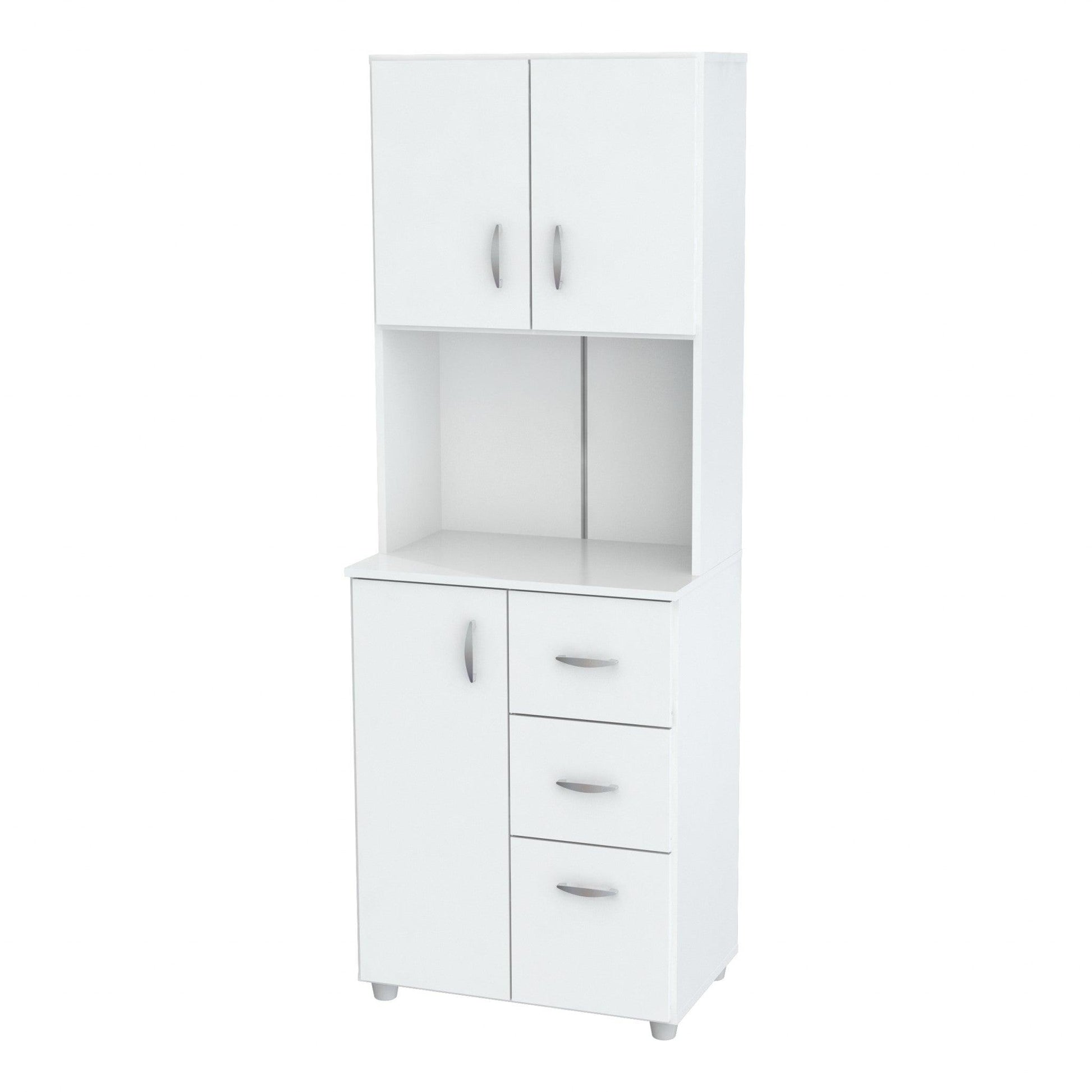 White Finish Wood High Low Full Size Microwave Cabinet - AFS