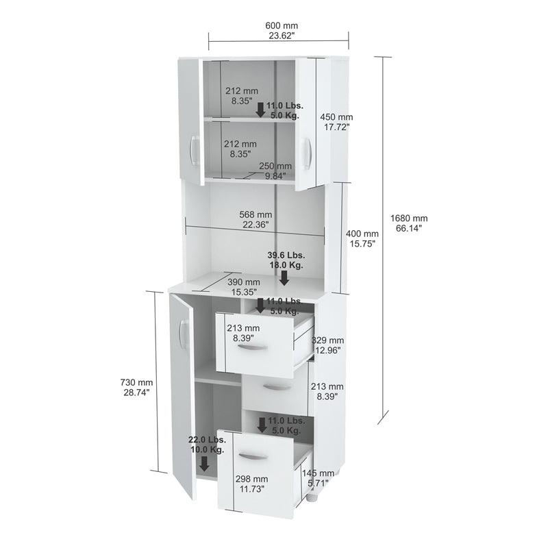 White Finish Wood High Low Full Size Microwave Cabinet - AFS