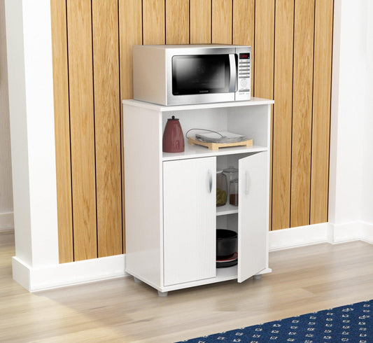 White Finish Wood Microwave Cart with Cabinet - AFS