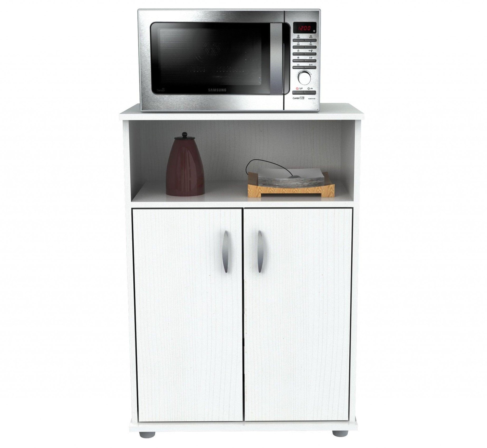 White Finish Wood Microwave Cart with Cabinet - AFS