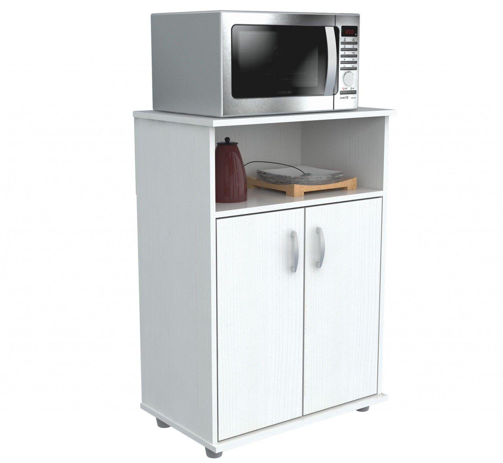 White Finish Wood Microwave Cart with Cabinet - AFS