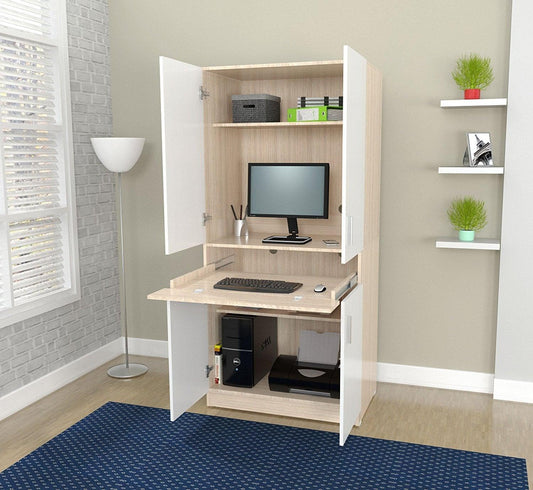 White and Natural Finish Wood Computer Hutch Desk - AFS