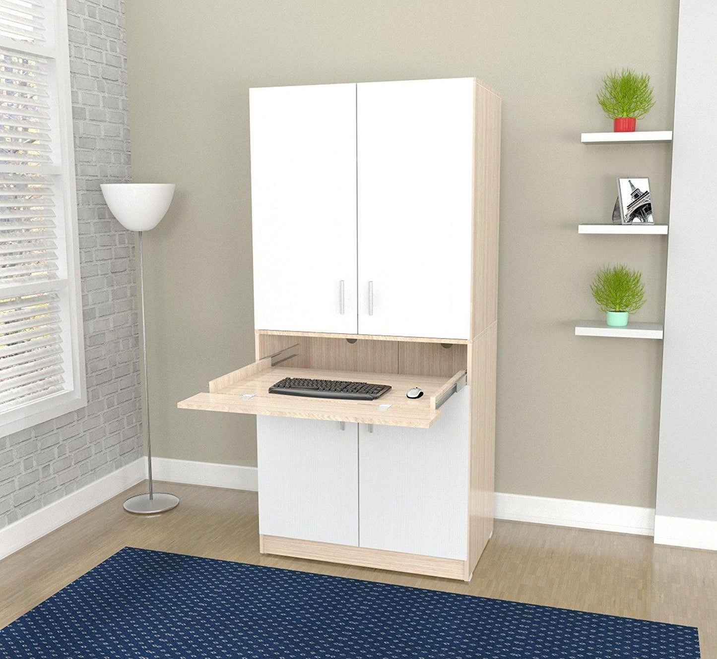 White and Natural Finish Wood Computer Hutch Desk - AFS