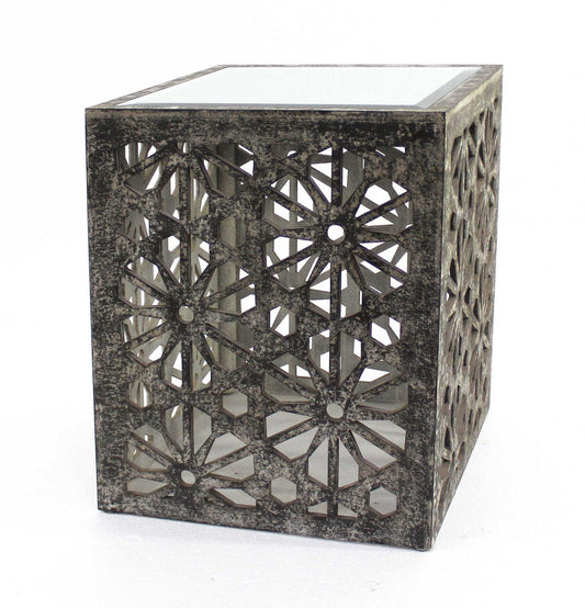 Gray Floral Mirrored Cube End Table - AFS