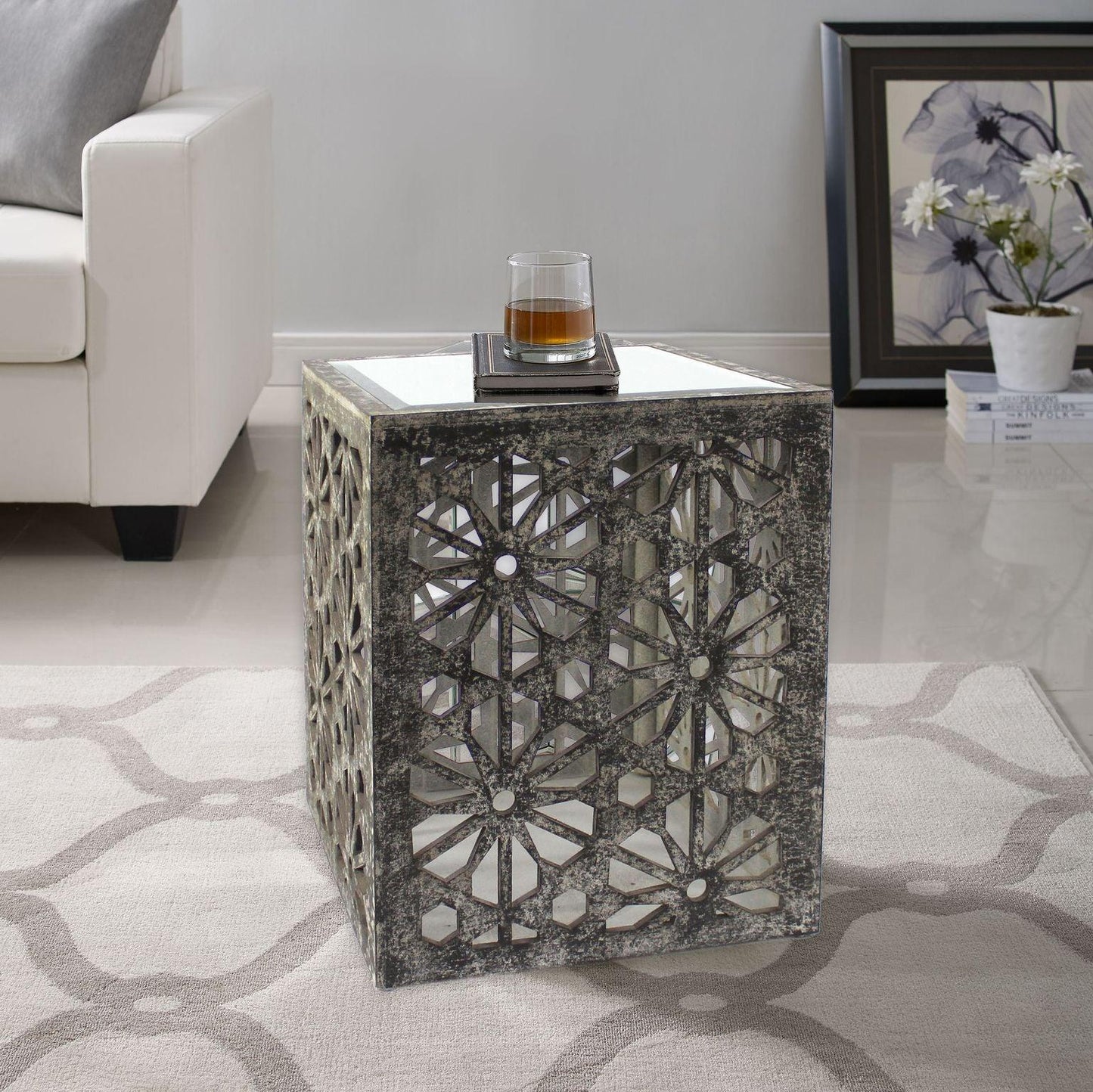 Gray Floral Mirrored Cube End Table - AFS