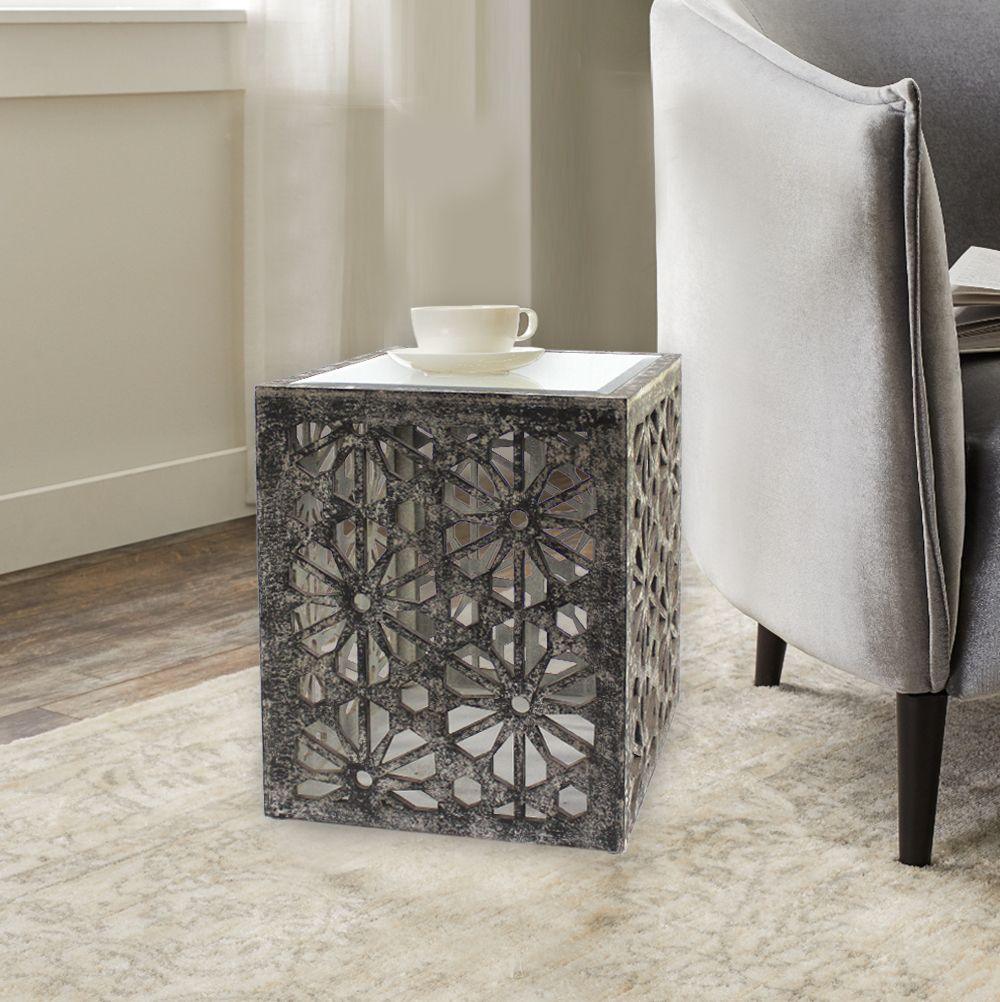 Gray Floral Mirrored Cube End Table - AFS