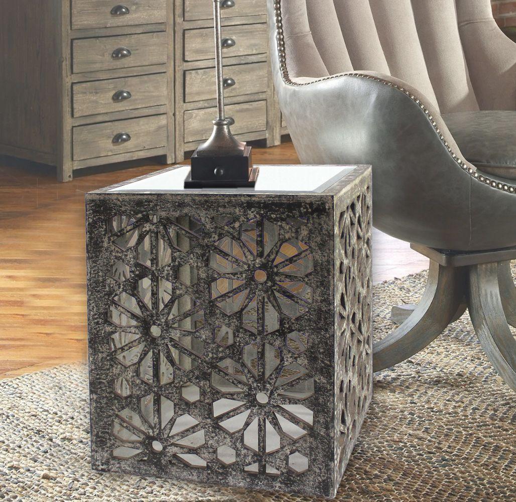 Gray Floral Mirrored Cube End Table - AFS