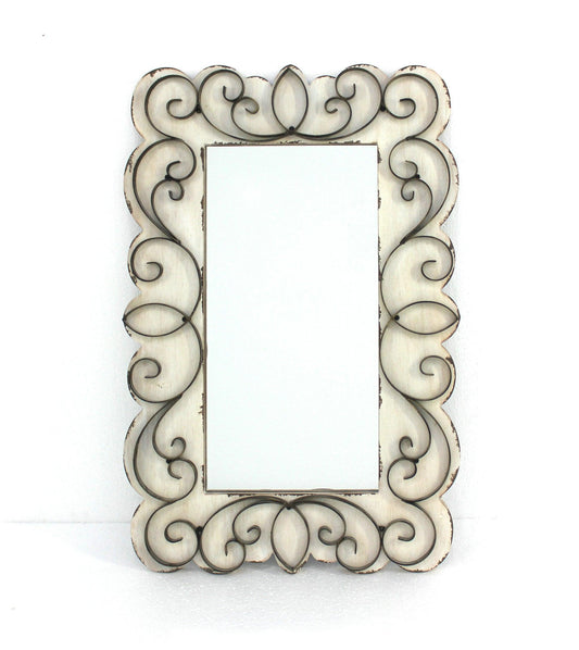 32.75 x 21.75 x 1.25 White Vintage Decorative Wood & Metal Wall Mirror - AFS