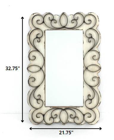 32.75 x 21.75 x 1.25 White Vintage Decorative Wood & Metal Wall Mirror - AFS