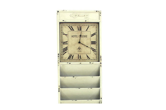 White Vintage Look Newspaper and Magazine Rack With Clock - AFS
