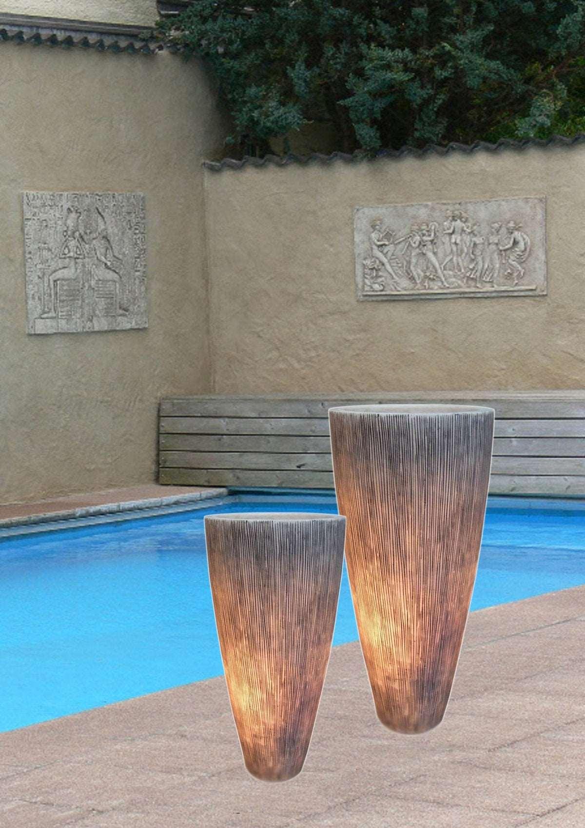 1 x 18 x 39 Gray Sandstone Ribbed Long Conical  Planter With Light