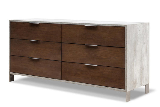 30" Dark Walnut Veneer Steel and Concrete Dresser with 6 Drawers - AFS