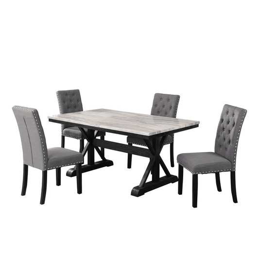 Classic 5 Piece Dining Set: 1 Dining Table Faux Marble, 4 Linen Grey Chairs Tufted Buttons and Nailhead Trim - AFS