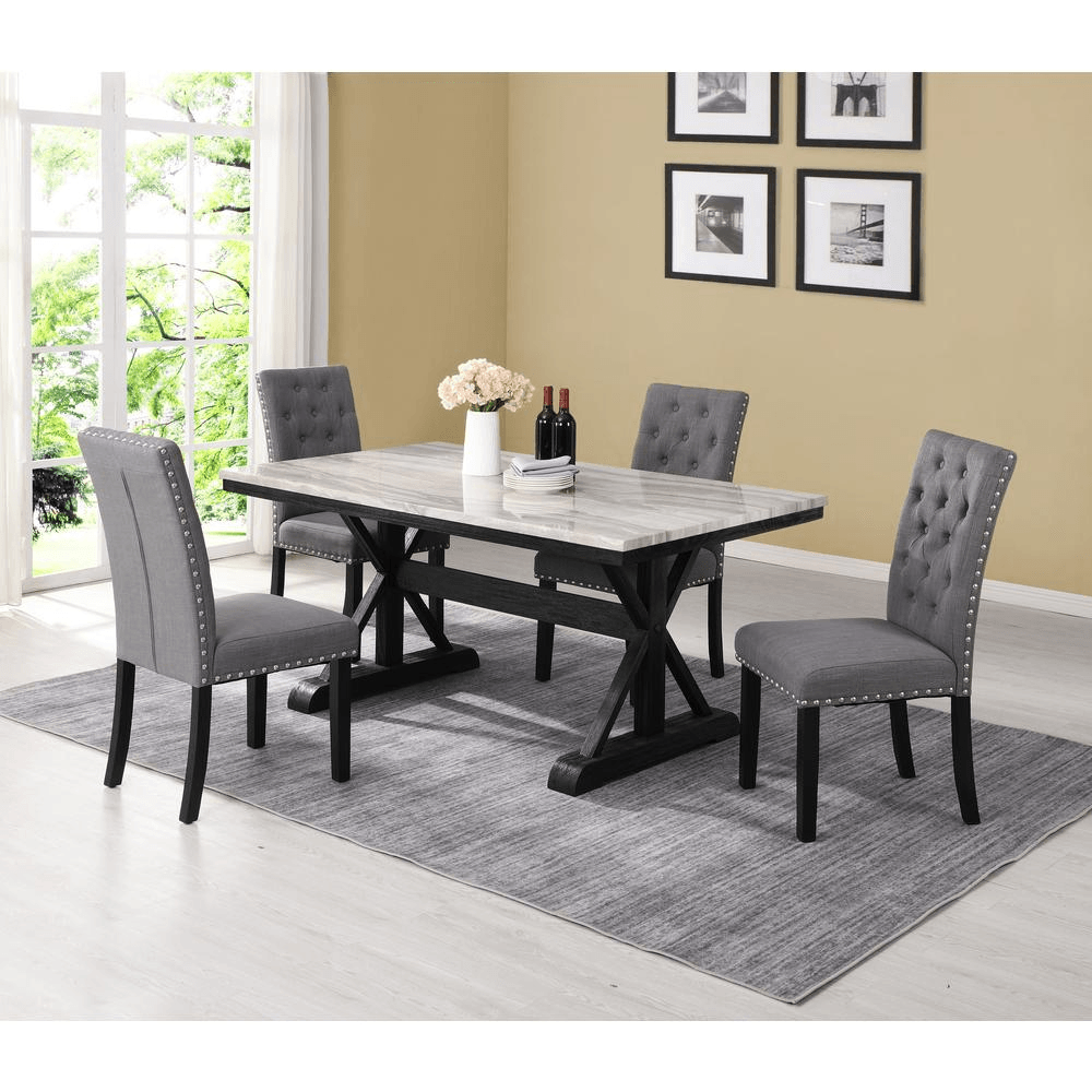 Classic 5 Piece Dining Set: 1 Dining Table Faux Marble, 4 Linen Grey Chairs Tufted Buttons and Nailhead Trim - AFS