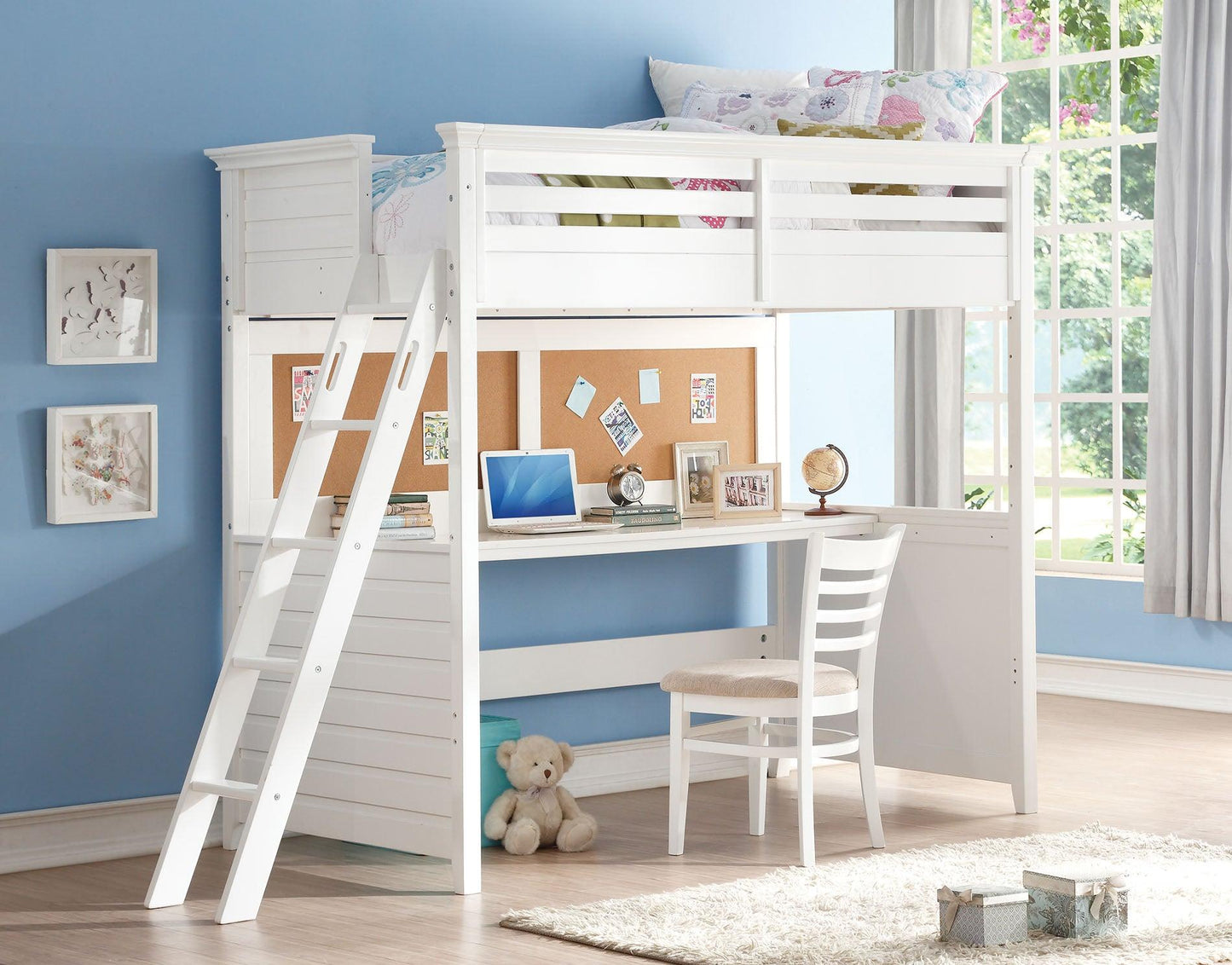 83" X 45" X 74" Twin White Poplar Wood Loft Bed With Desk - AFS