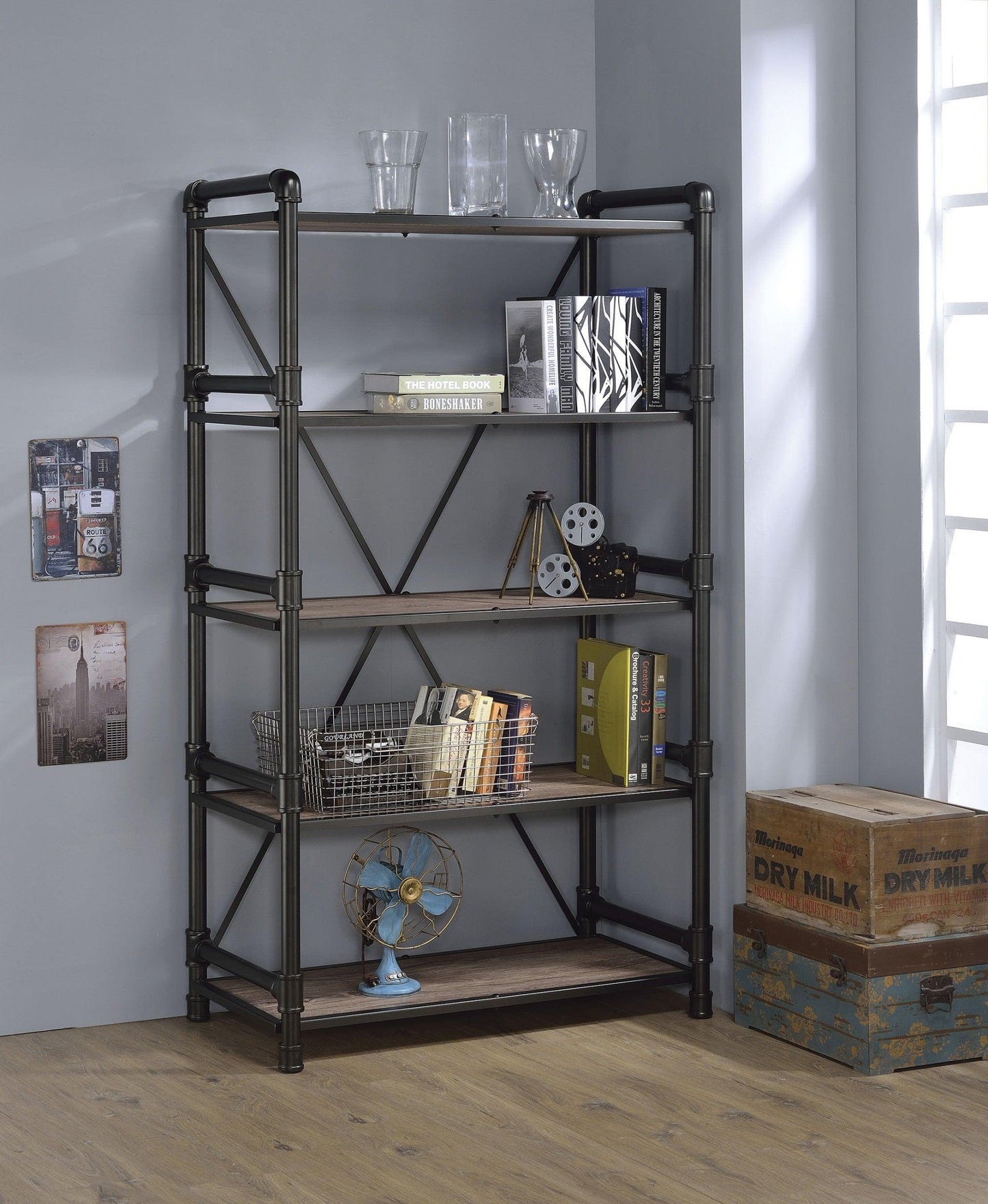 40" X 22" X 72" Rustic Oak And Black Particle Board Bookshelf - AFS