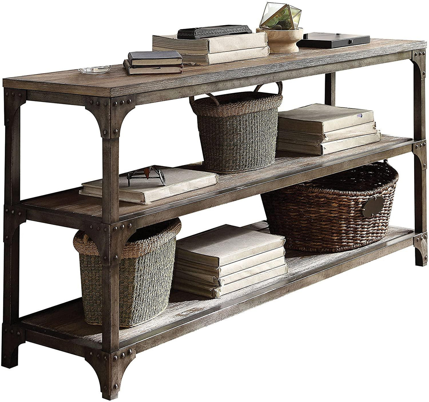 72" Rustic Weathered Oak Finish Console Storage Table - AFS