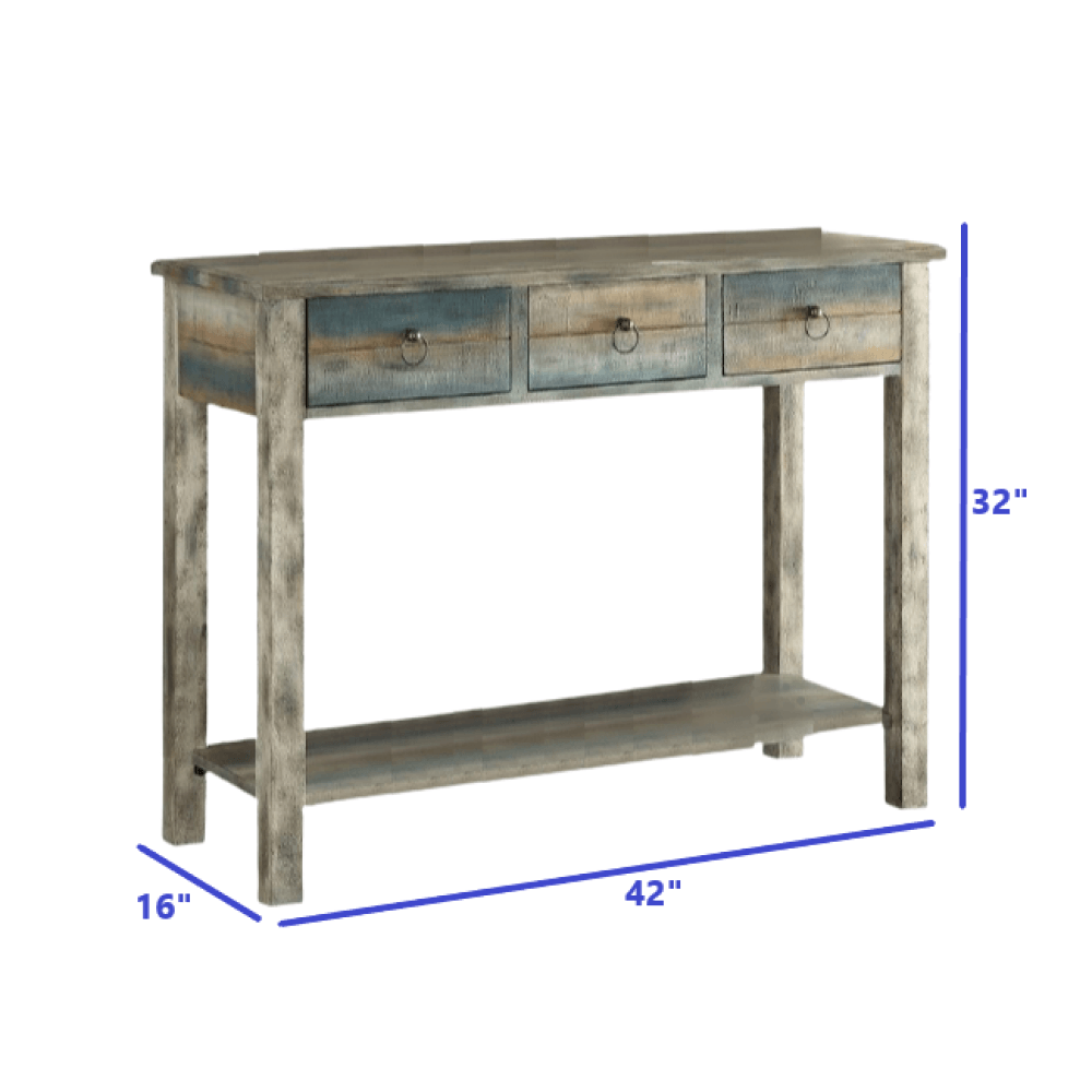 32" X 15" X 35" Antique Oak And Teal Wooden Console Table - AFS