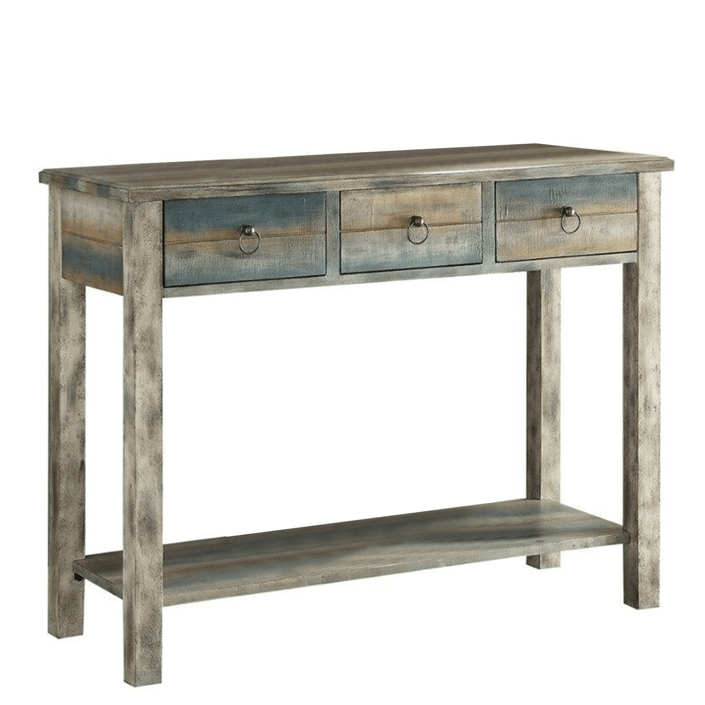 32" X 15" X 35" Antique Oak And Teal Wooden Console Table - AFS