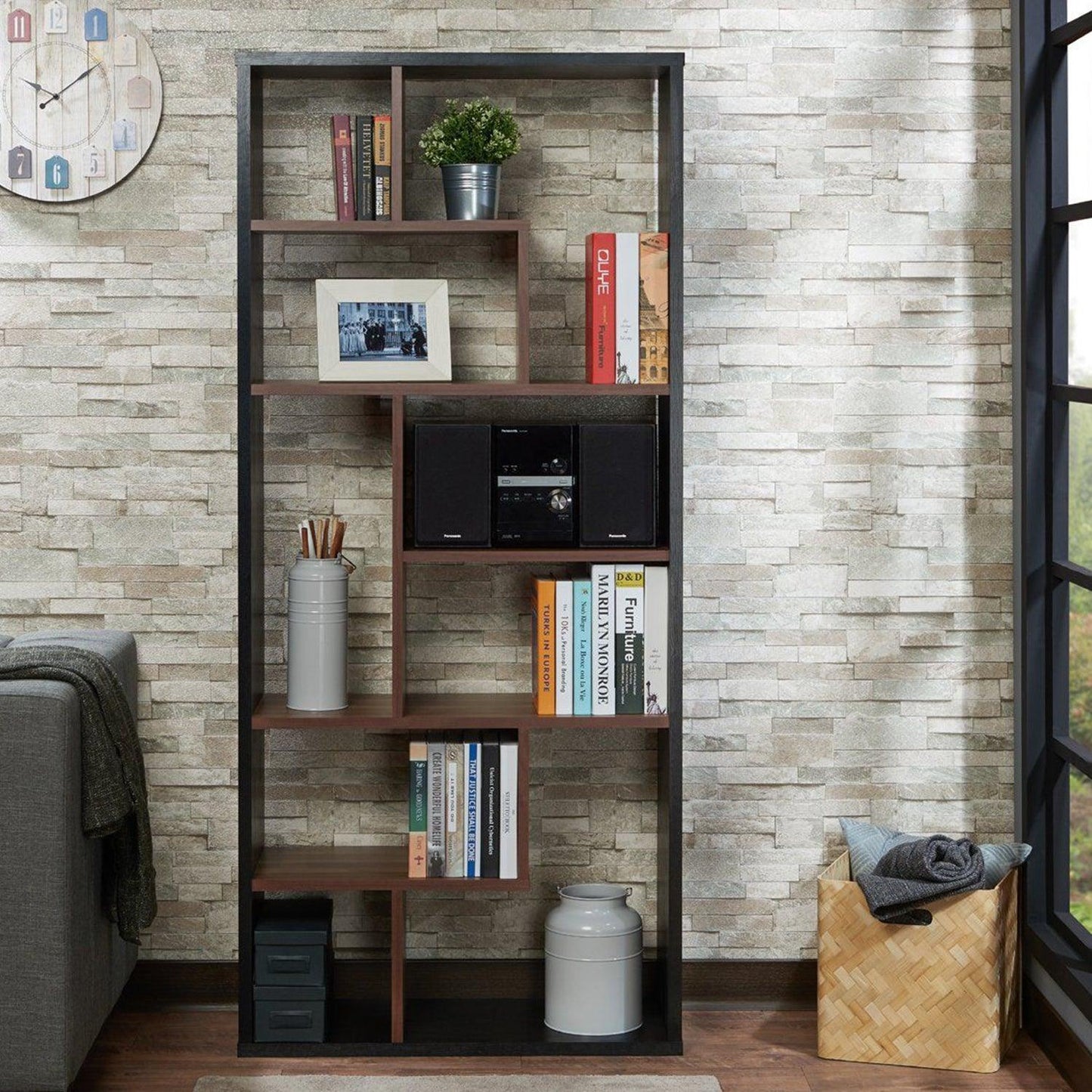 32" X 12" X 71" Black And Walnut Veneer Cube Bookcase - AFS