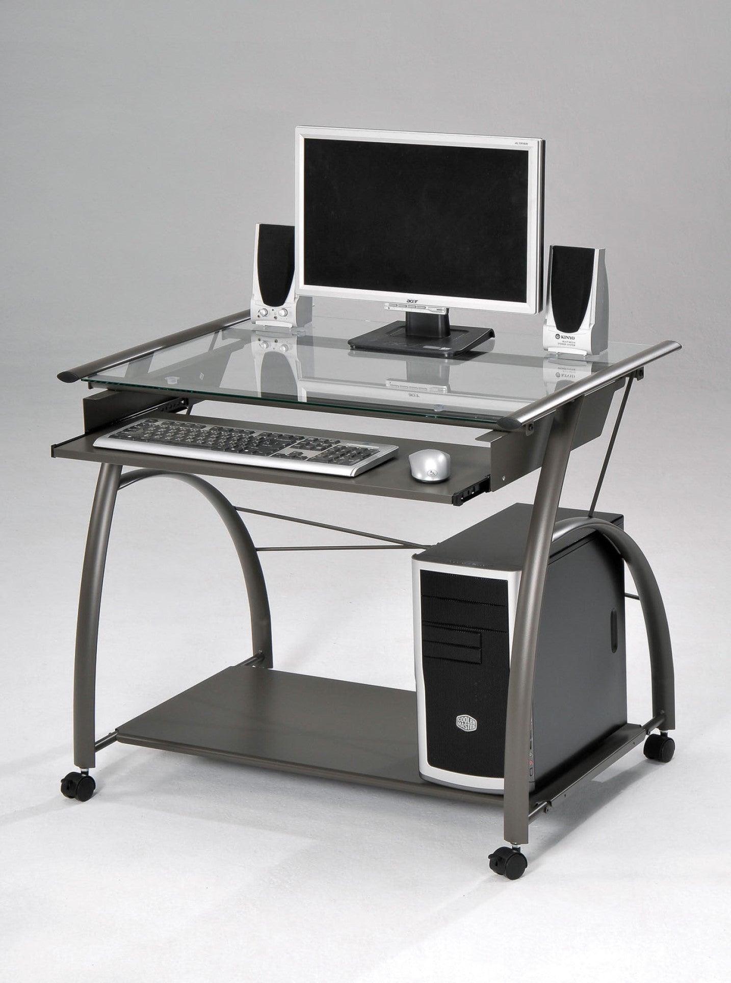 Sleek Pewter and Glass Computer Desk. - AFS