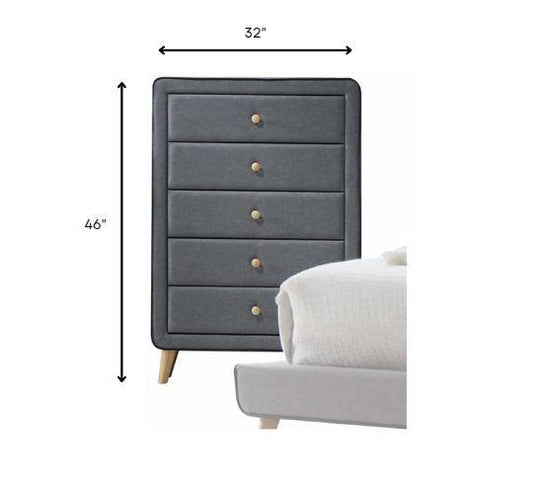 46" Light Gray Upholstery 5 Drawer Chest Dresser with light natural legs - AFS